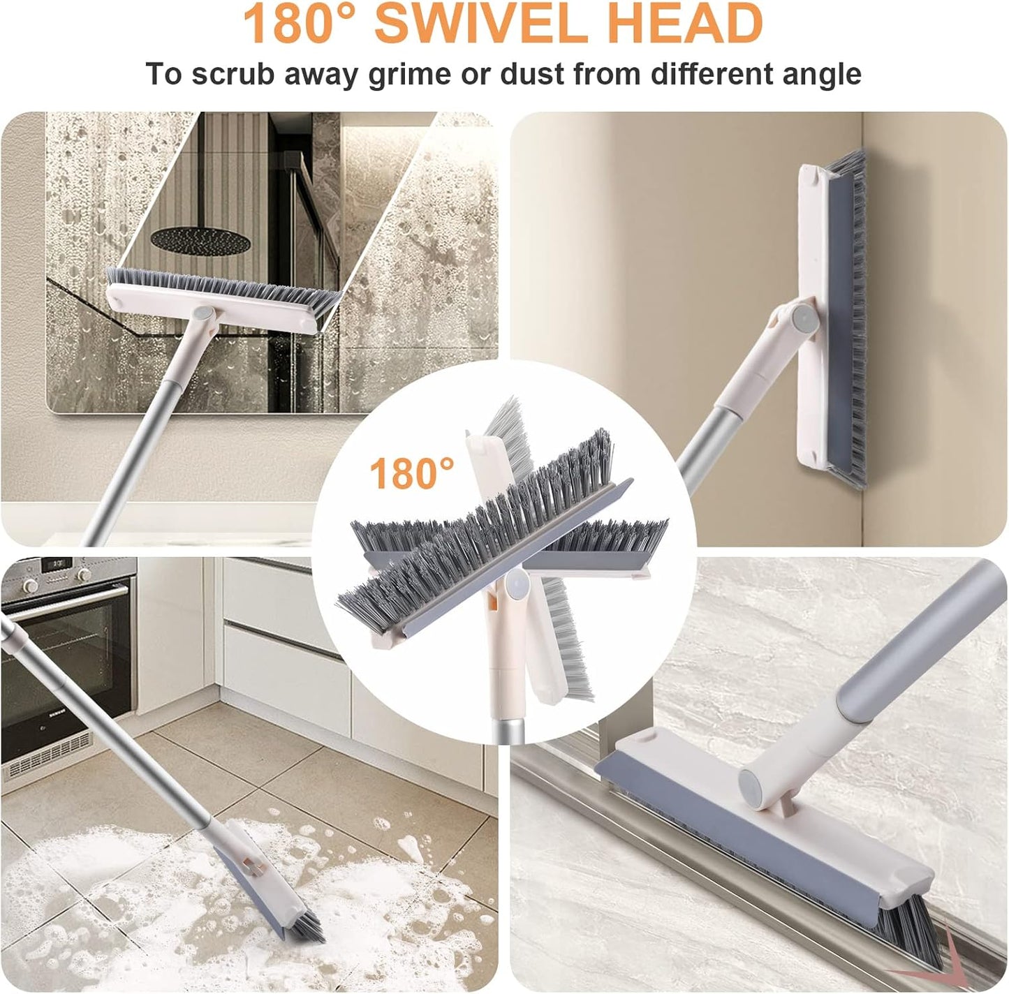 Grout Brush with Long Handle, 2 in 1 V-Shaped Floor Scrub Brush for Cleaning, Bathroom, Garage, Wall, Patio, and Tile, Stiff Bristle Brush with 54'' Telescopic Handle