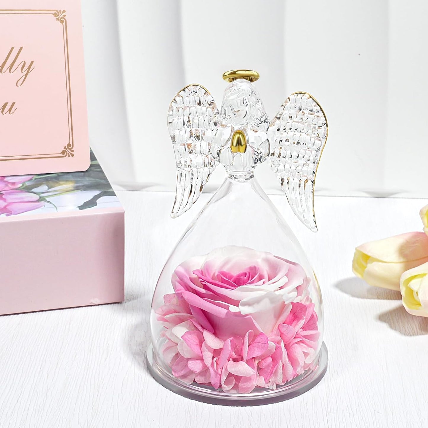 Yamonic Birthday Gifts for Women, Angel Figurines with Real Rose Gifts for Her Mom Grandma,Preserved Flowers Rose Gifts for Christmas Anniversary Birthday Gifts for Her (White+Pink)