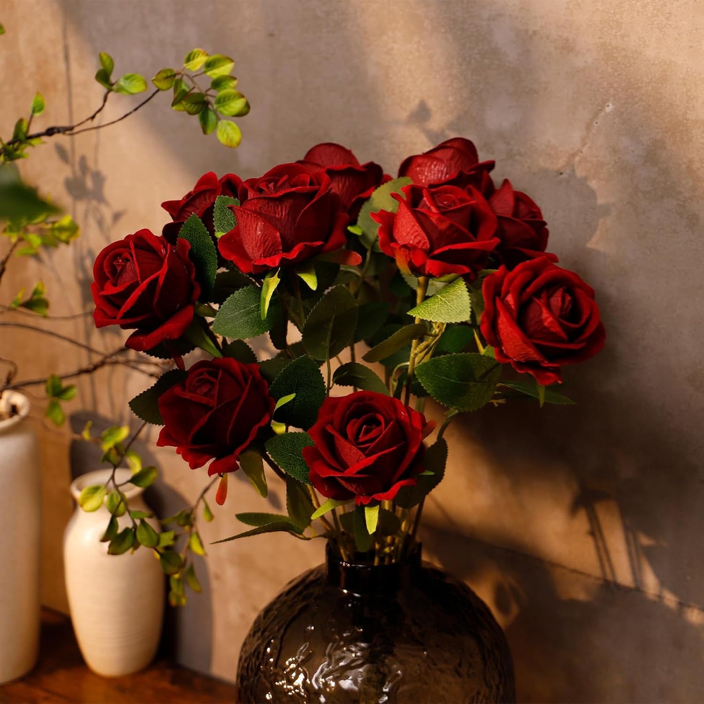 12 Pcs Artificial Rose Flowers, Dark Red Silk Roses with Long Stems, Realistic Fake Roses for Wedding Centerpiece Party Home and Office DIY Decor