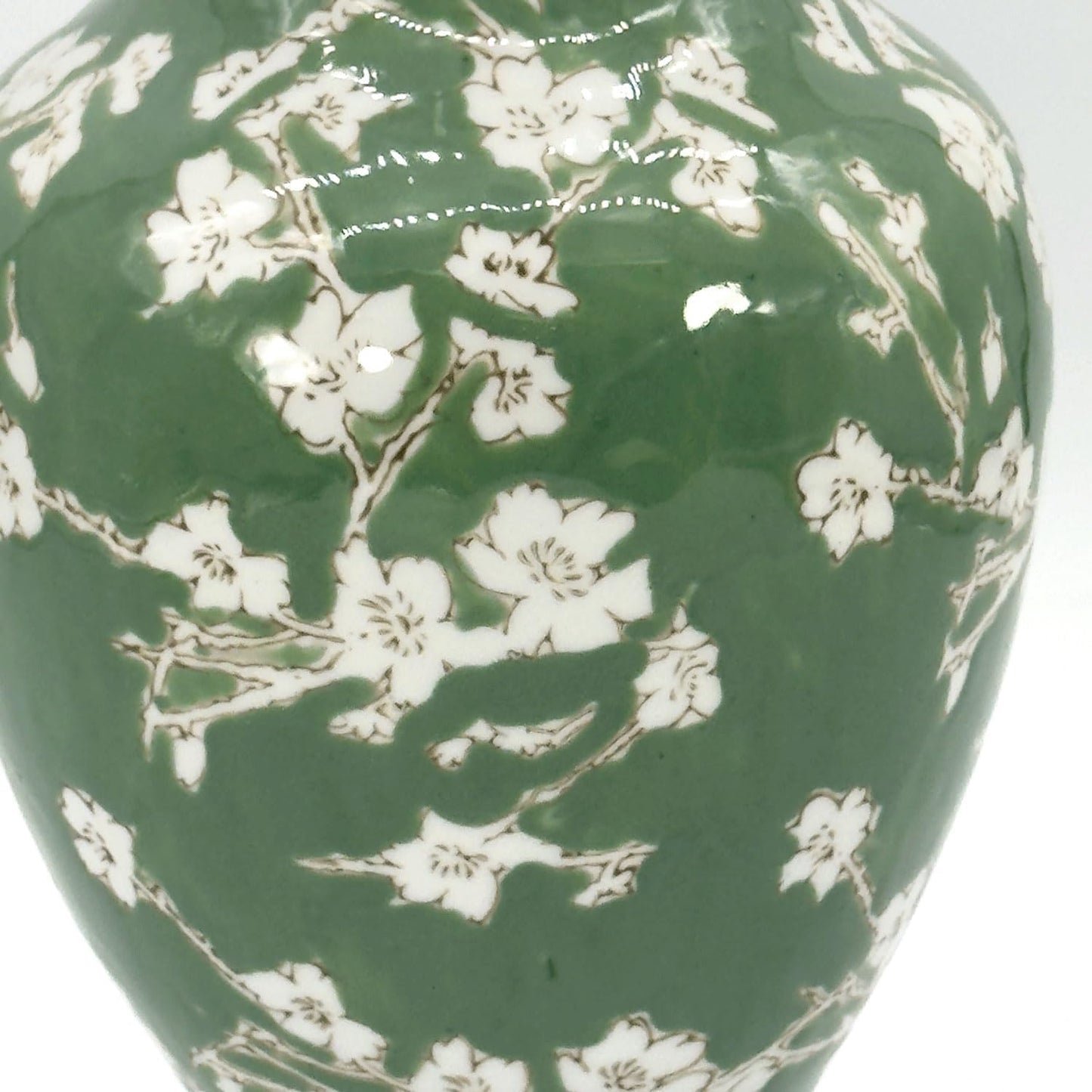Galt International Floral Chinoiserie Ceramic Vase 14" - Green Sakura Hand Painted Antique Style Porcelain Flower Bottle Fishtail Porcelain Chinese Vase for Home Decor Centerpiece