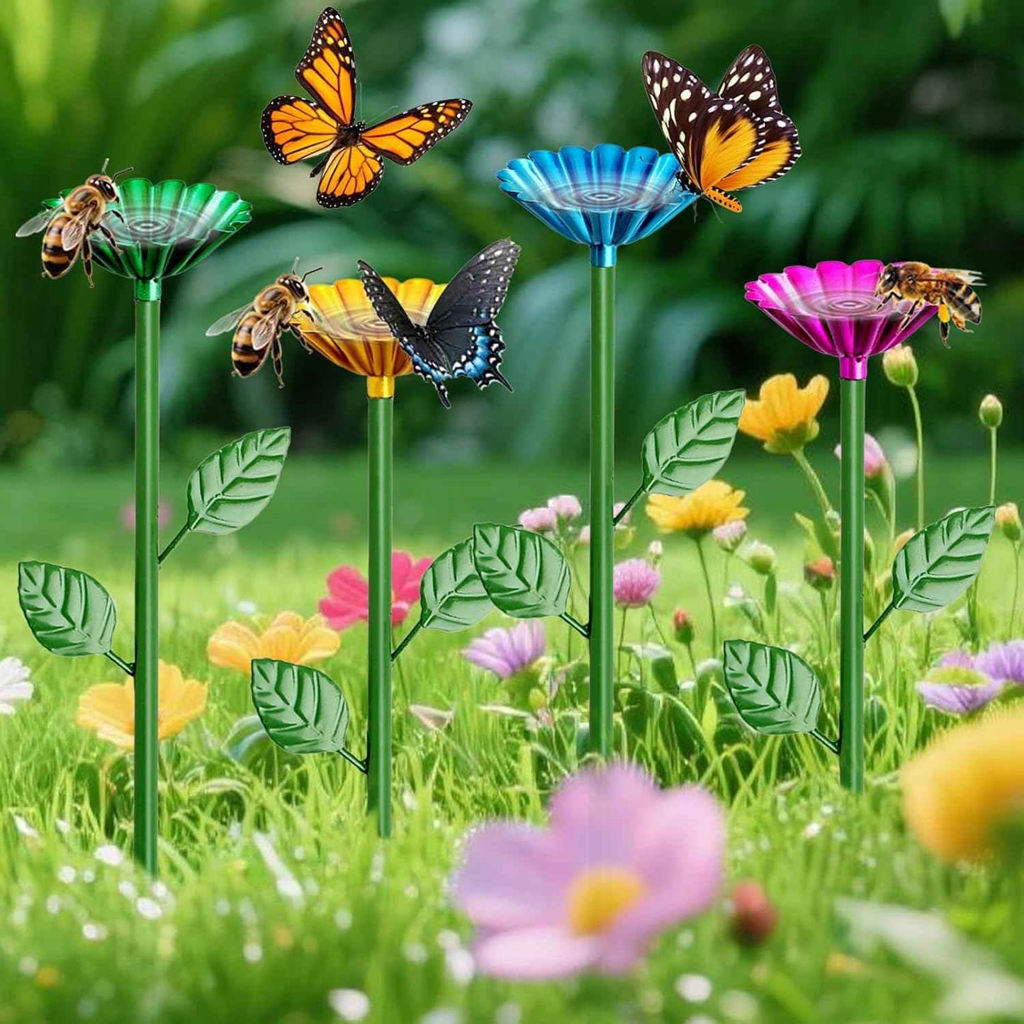 4 Pack Bee Watering Station, Bee Bath for Garden Metal Bee Water Feeder with Flower Design, Colorful Butterfly Bee Bath Bowl for Outdoor Garden Yard Decor (Red,Green,Blue,Yellow)