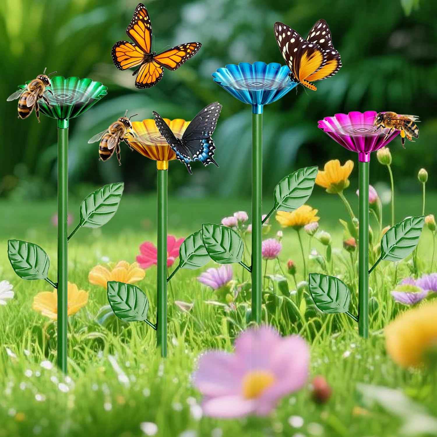 4 Pack Bee Watering Station, Bee Bath for Garden Metal Bee Water Feeder with Flower Design, Colorful Butterfly Bee Bath Bowl for Outdoor Garden Yard Decor (Red,Green,Blue,Yellow)