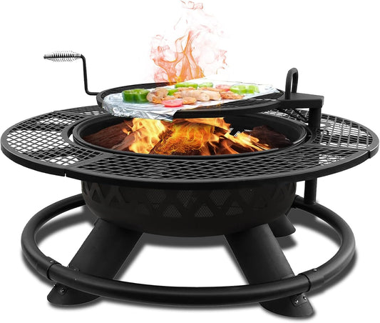 Red Mountain Valley 47" Outdoor Fire Pit with Adjustable Grill, 2-in-1 Outdoor Large Wood Burning Firepit Bowl, Bonfire Patio Fire Pits with Cooking grates, Metal Round Table for Backyard