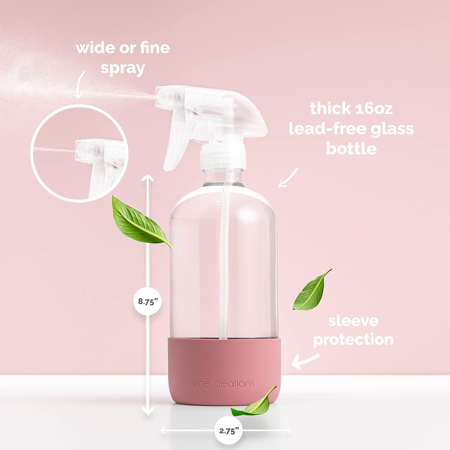 Vine Creations Glass Spray Bottles for Cleaning Solutions, Clear Glass Spray Bottle with Silicone Sleeve, 16 oz Empty Spray Bottles for Cleaning, Plant Spray Bottle, Mist and Stream Nozzle - 2 Pack