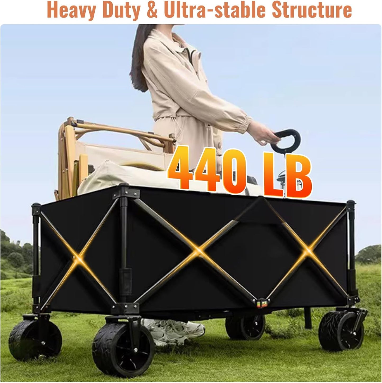 Heavy Duty Collapsible Folding Wagon with Table, 440LBS Capacity Utility Wagon Cart with All-Terrain Wheels, Foldable Beach Camping Wagon for Garden, Sports, Picnics Black