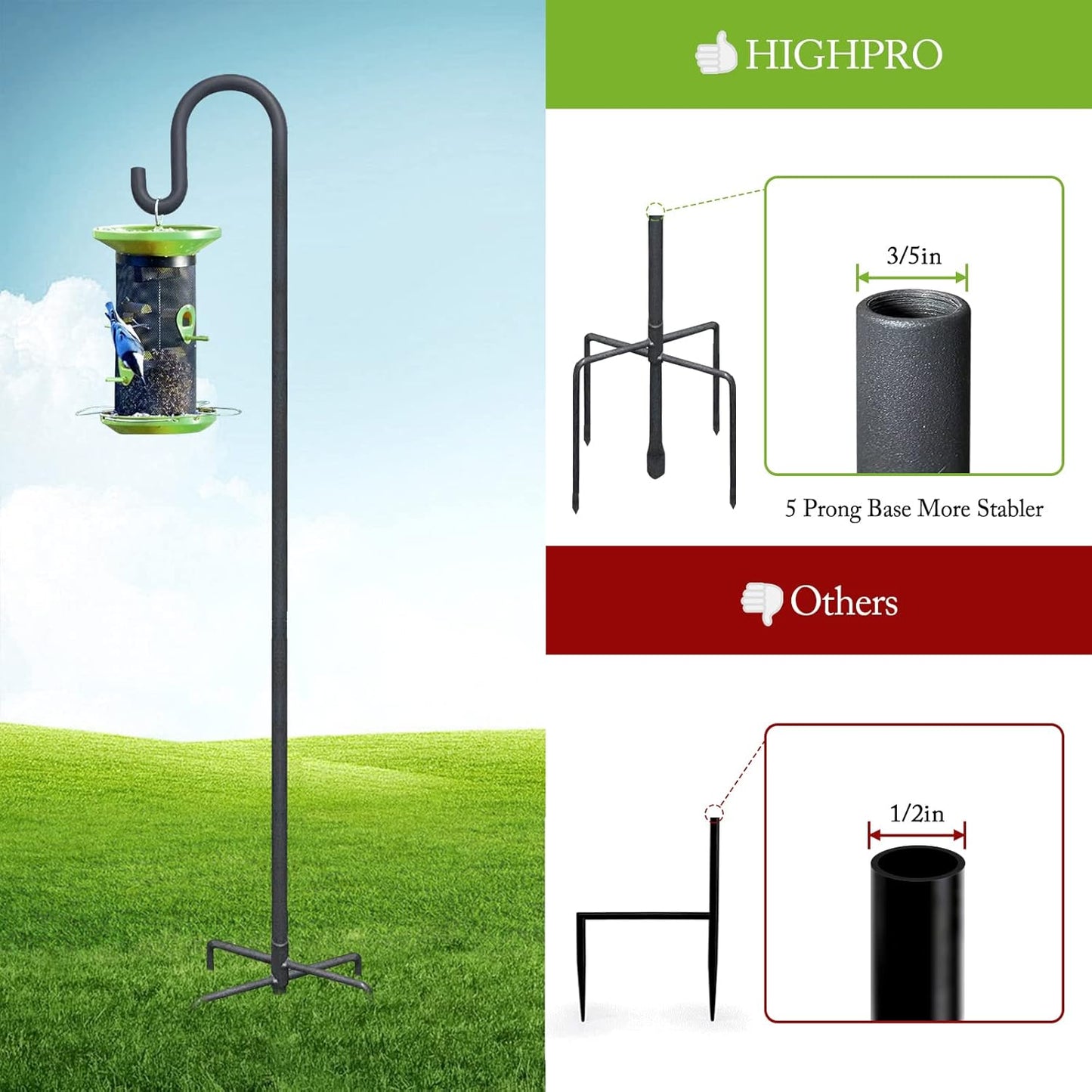Highpro Shepherds Hooks for Outdoor 47 Inch Bird Feeder Pole Squirrel Proof Hummingbird Feeder Stand Heavy Duty with 5 Prong Base for Hanging Bird Feeder, Plant Baskets, Solar Light Lanterns