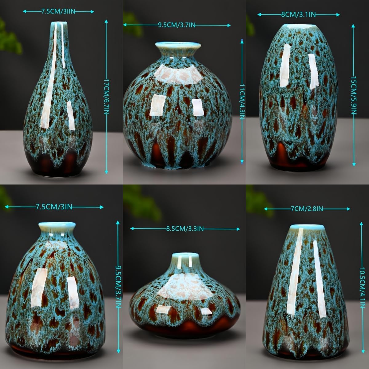 Ceramic Bud Vase Set, Fambe Blue Glazed Finish, Decorative Flower Vases (Blue-Set of 6)