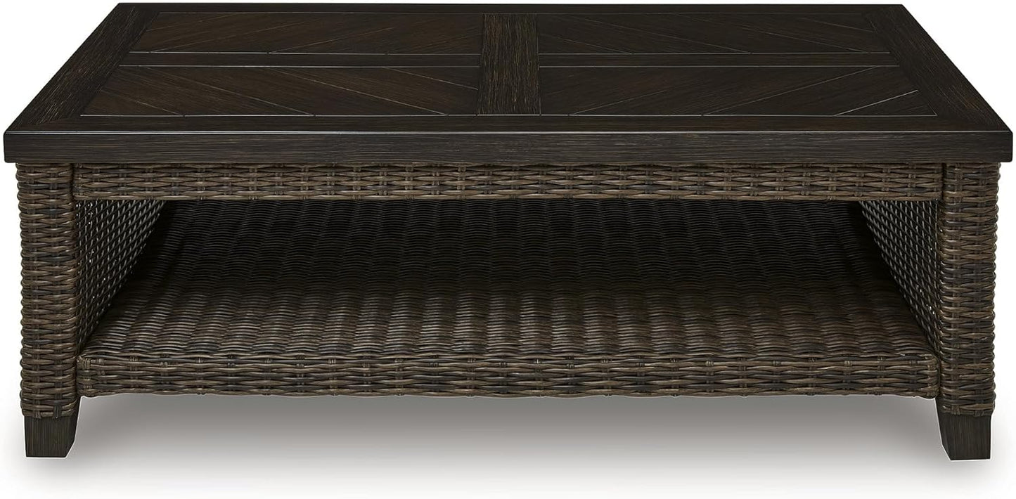 Signature Design by Ashley Drakes Beach Outdoor Coffee Table, Resin Wicker with Aluminum Frame and Wood‑Look Finish for Patio, Deck and Poolside Seating, 48" x 30"