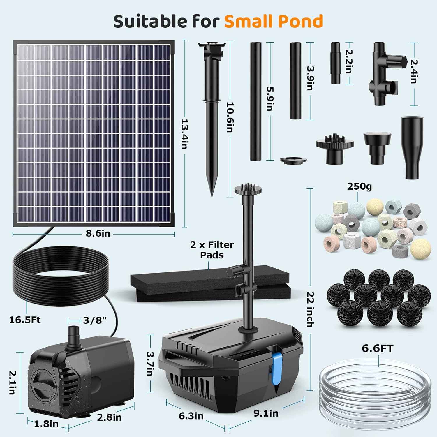 Antfraer 25W Solar Pond Pump with Filter Box, Outdoor Solar Pond Filter Fountain Kit for Garden Pond Waterfall, Includes Adjustable Nozzles, Tubing & Filtration Media