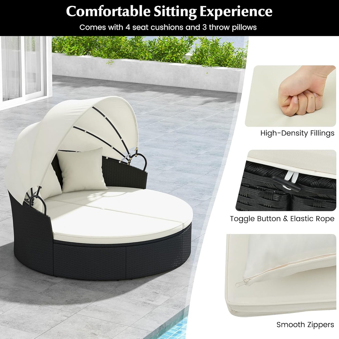 RELAX4LIFE Round Outdoor Daybed with Canopy - Wicker Rattan Sectional Sofa Sunbed w/Cushions & 3 Pillows, Clamshell Conversation Lounger Separated Seating Set for Garden Porch, Patio Day Bed (Beige)