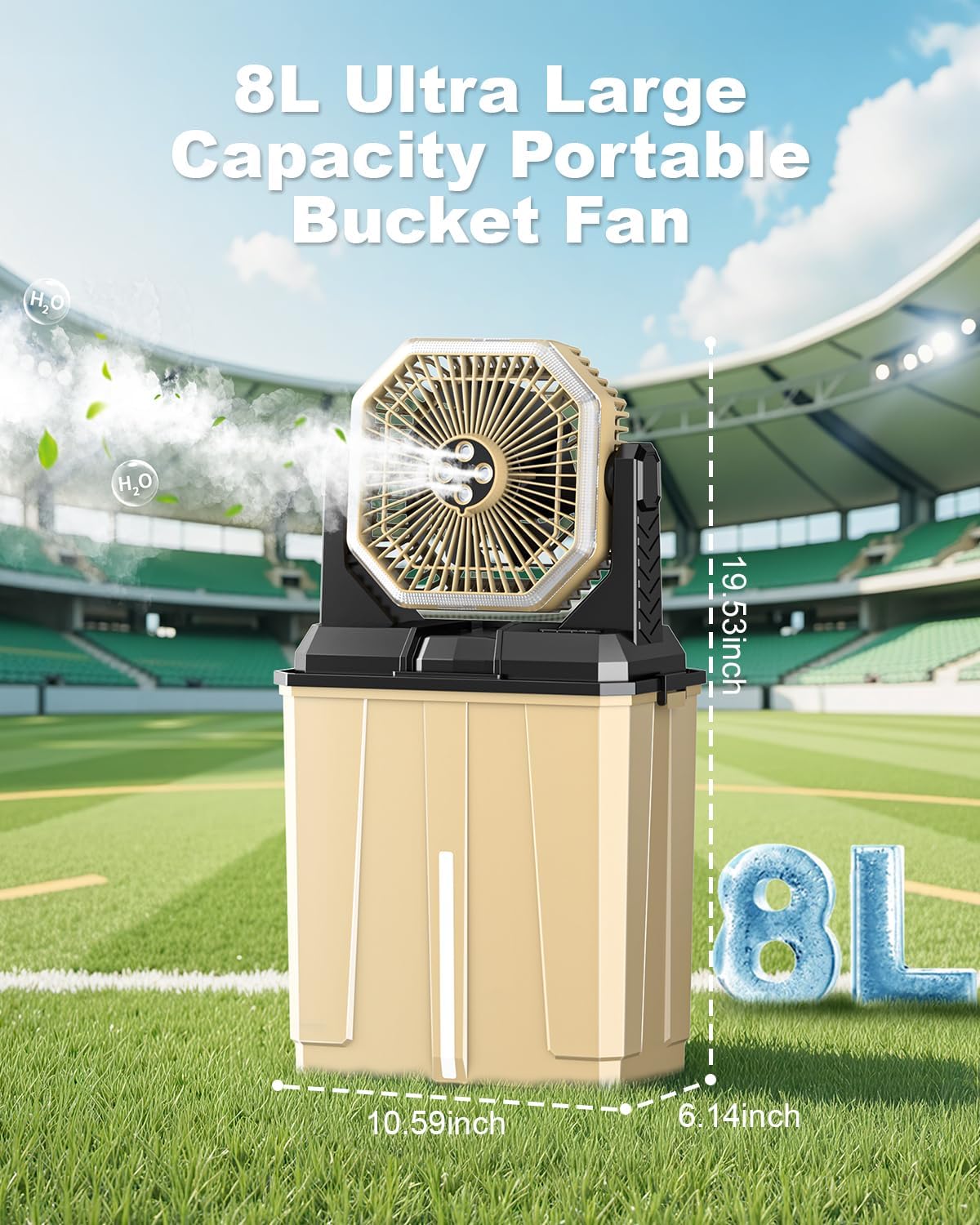 Coolice Camping Bucket Misting Fan 8L Water Tank, 24000mAh Outdoor Misting Fan with 2 Spray Modes & 3 Speeds, 3-speed LED lights Floor Cooling Fans, Portable Camping Fans for Patio, Garden, Worksite