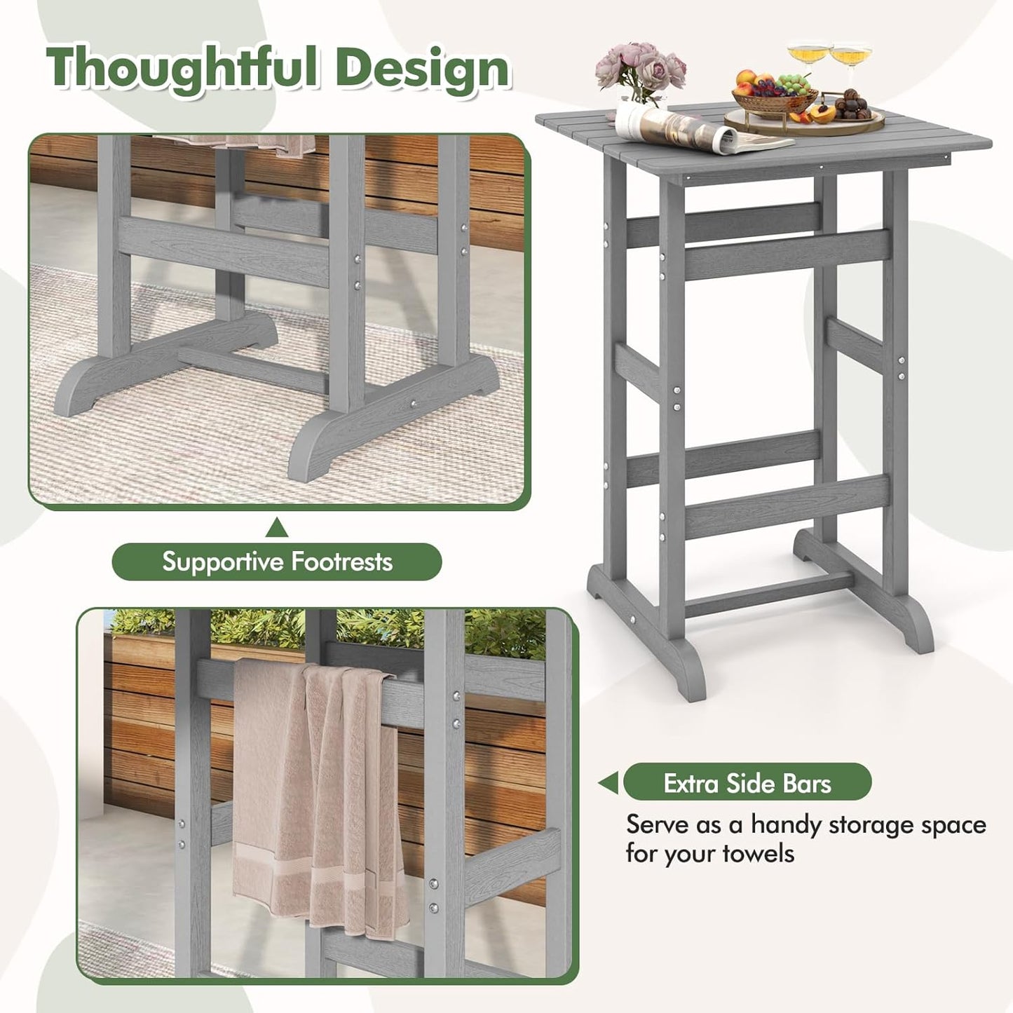 Giantex 42" Height Outdoor Tall Bar Table, HDPE Square Pub Tables with Wood Grains, High Top, Cocktail Bistro Table for Adirondack Chairs, Patio, Garden, Poolside, Yard, Balcony, Grey