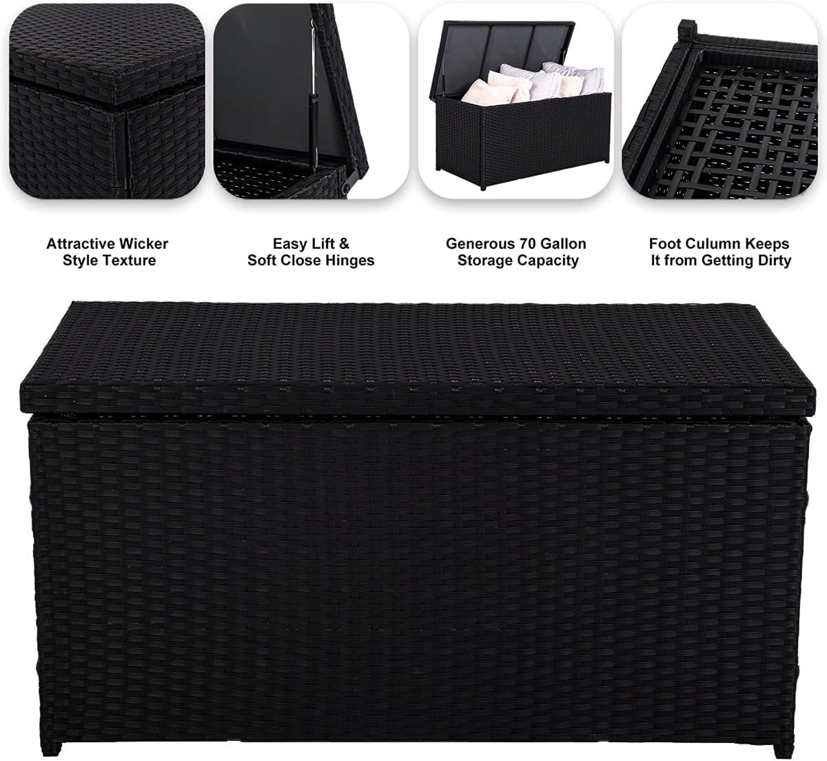 Outdoor 70 Gallon Wicker Storage Box with Waterproof Liner, Patio PE Rattan Storage Container for Outside, Deck Box with Hinged Lid for Cushions, Pillows, Towels, Horizontal Bin, Black