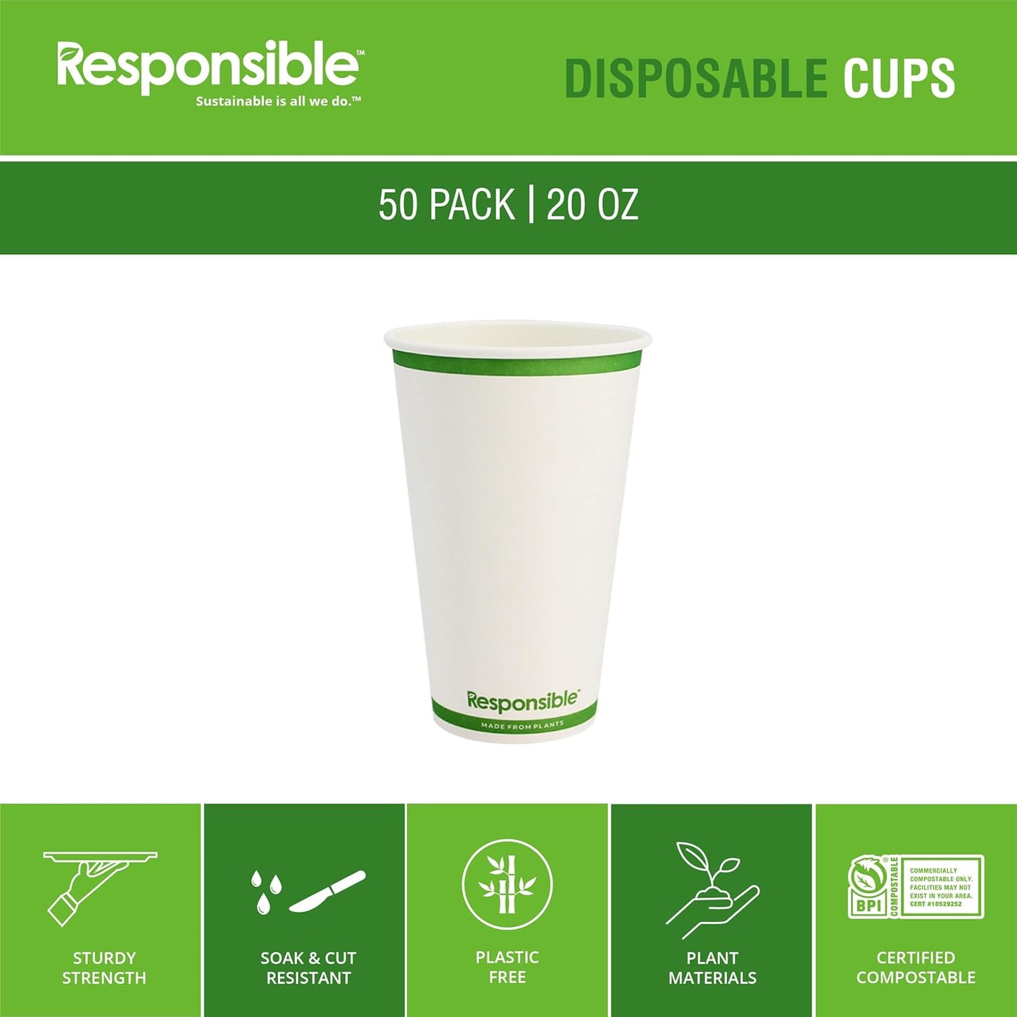 Certified Compostable 20 oz Paper Cups, Cold ＆ Hot Coffee Cups, Disposable Paper Cups, Extra Strength Disposable Cups, Made without PFAS (50 count)
