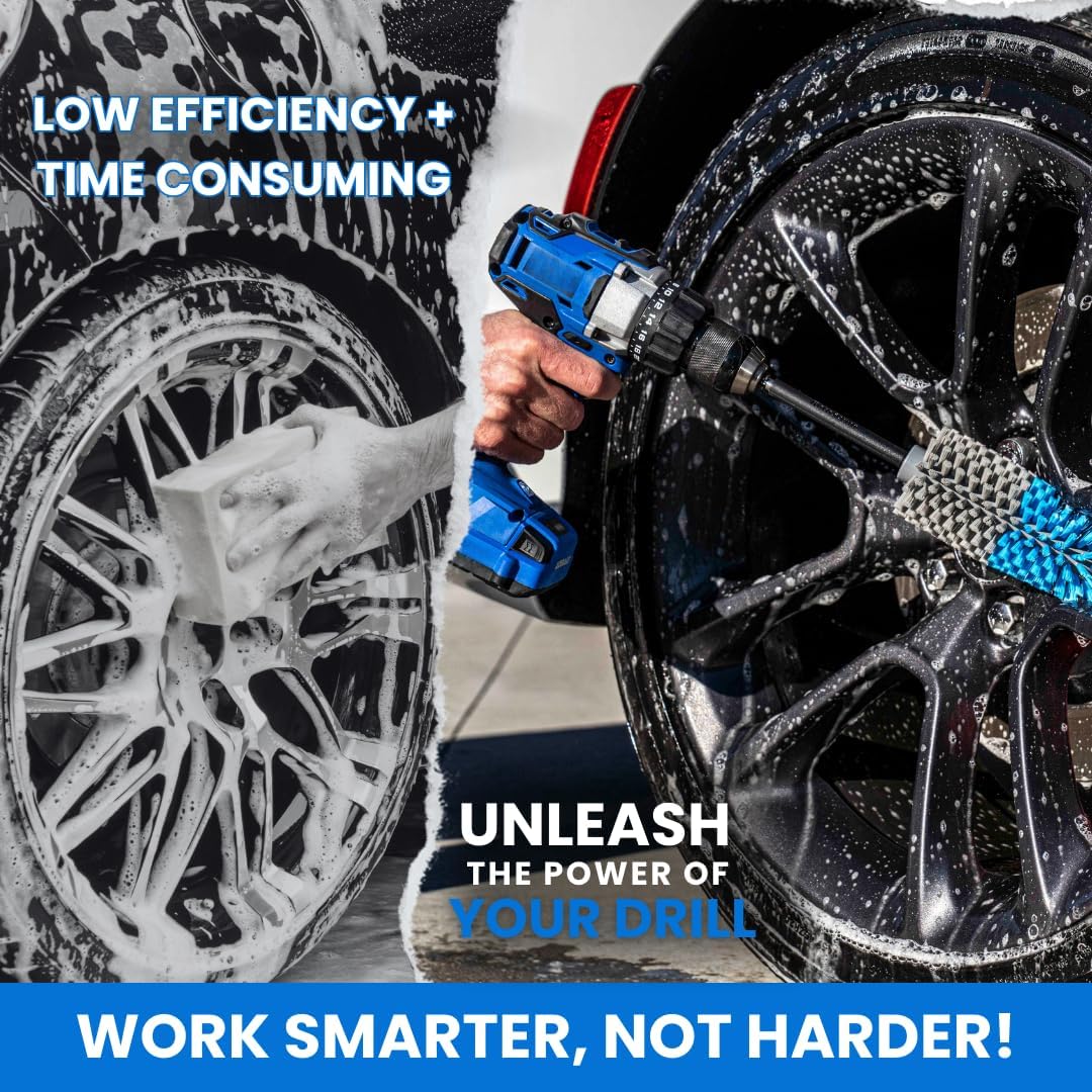Long Reach Drill Brush Attachment, All Purpose for Car Tires, Wheels, Wheel Wells, Engine Bays, Exhaust Pipes, Running Boards, Hard to Reach Areas, with Heavy Duty Non-Scratch Nylon Bristles - Lumora Garden