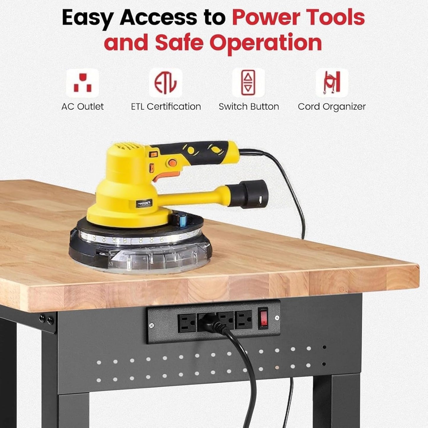 Work Bench with Double Layers 60 x 22 Inch Heavy Duty Rubberwood Tabletop Work Table Adjustable Height Workbench with Wheels, Sided Pegboard, Power Outlets for Garage Home Office