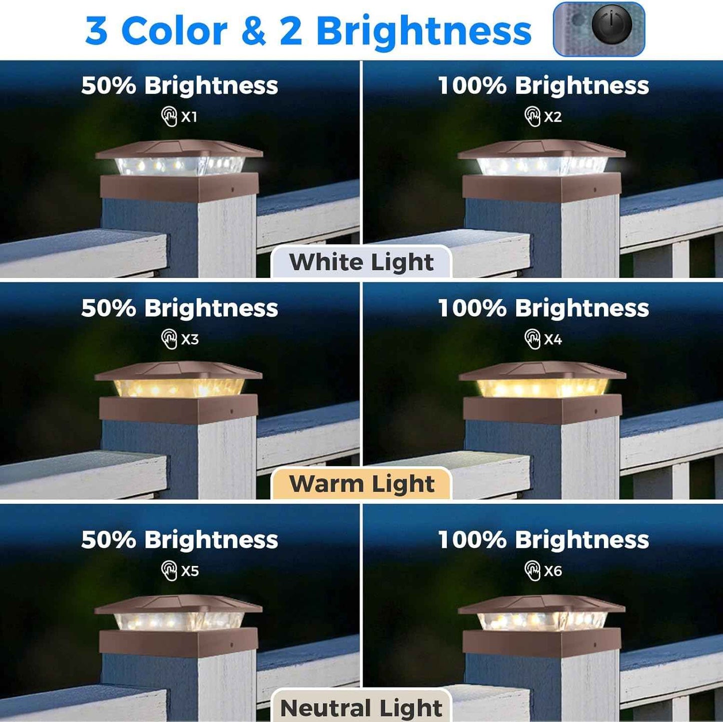 Peasur 4x4 Solar Post Cap Lights Outdoor with 3 Modes, 8 Packs Brown Fence Light Solar Powered Waterproof, Wood/Vinyl Posts Caps Lights for Deck Yard Garden Patio Porch Railing Outside