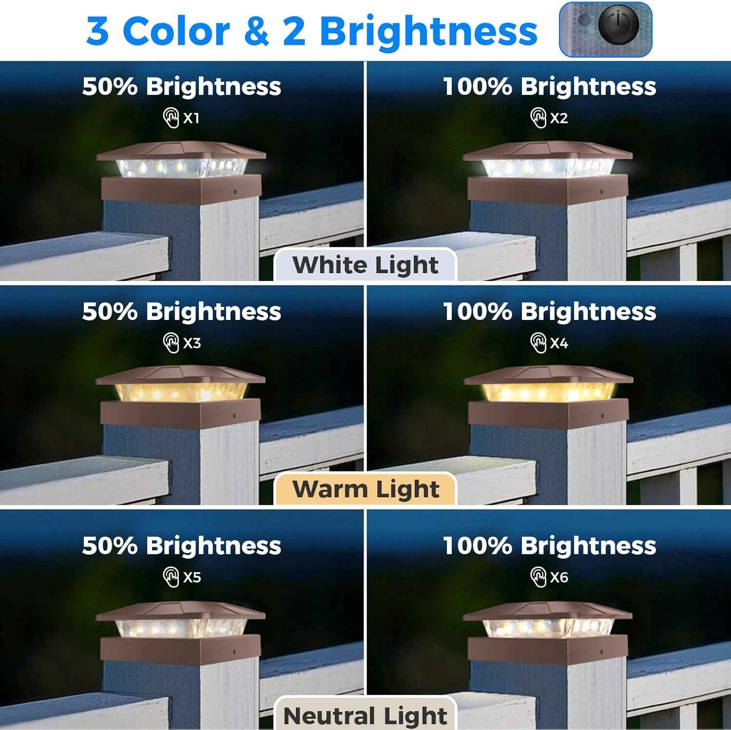 Peasur 4x4 Solar Post Cap Lights Outdoor with 3 Modes, 8 Packs Brown Fence Light Solar Powered Waterproof, Wood/Vinyl Posts Caps Lights for Deck Yard Garden Patio Porch Railing Outside