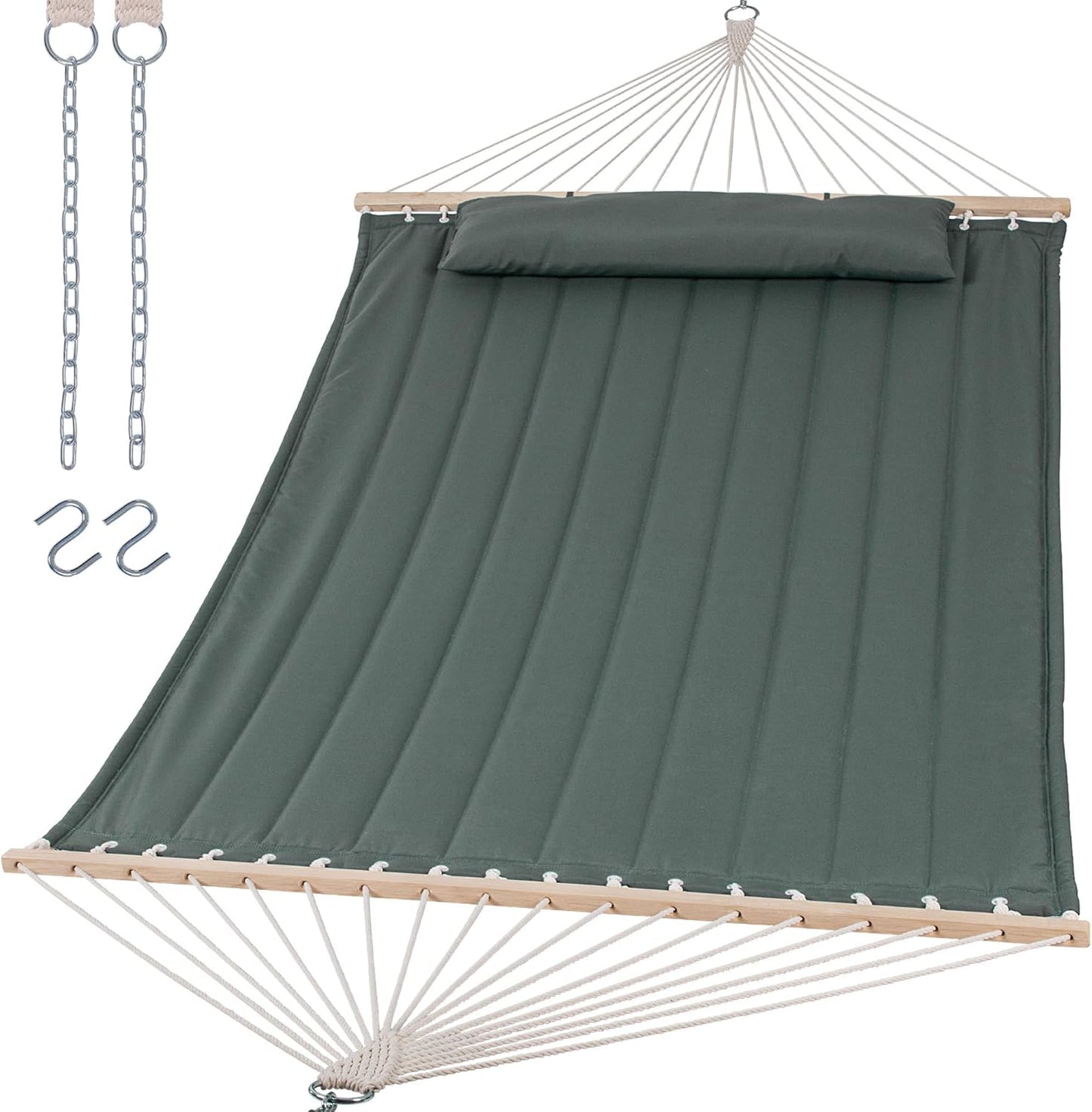 SUNCREAT Double Hammock for 2 Person, Extra Large Outdoor Portable Hammock with Hardwood Spreader Bar, Soft Pillow, 475 lbs Capacity, Gray Green