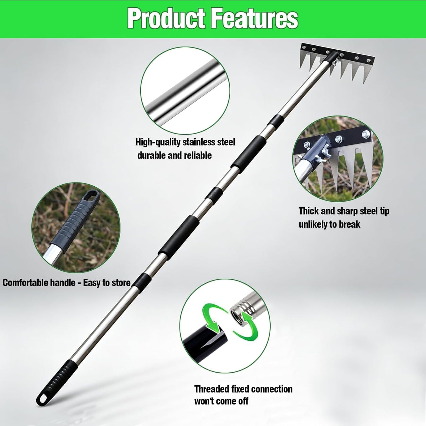 Iron Rake for Weeding, Garden Metal Rake Heavy Duty with 60 Inch Long Handle, Garden Weeding Rake Tools, 8 Tines Gardening Weed Rake Tool, Weeder Tool Weed Puller for Backyard Farm Planting Weeding
