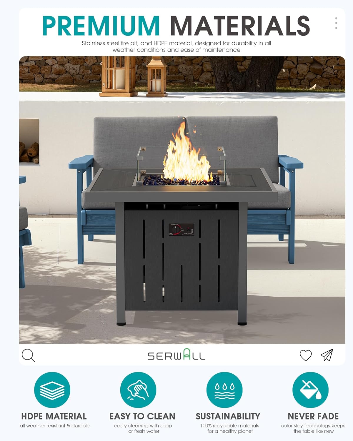 SERWALL 33" Outdoor Fire Pit Table, 50,000 BTU Square Propane Fire Pit Table with Lid, Glass Rock & Glass Wind Guard, HDPE Outdoor Furniture for Patio, Garden, Backyard, Black