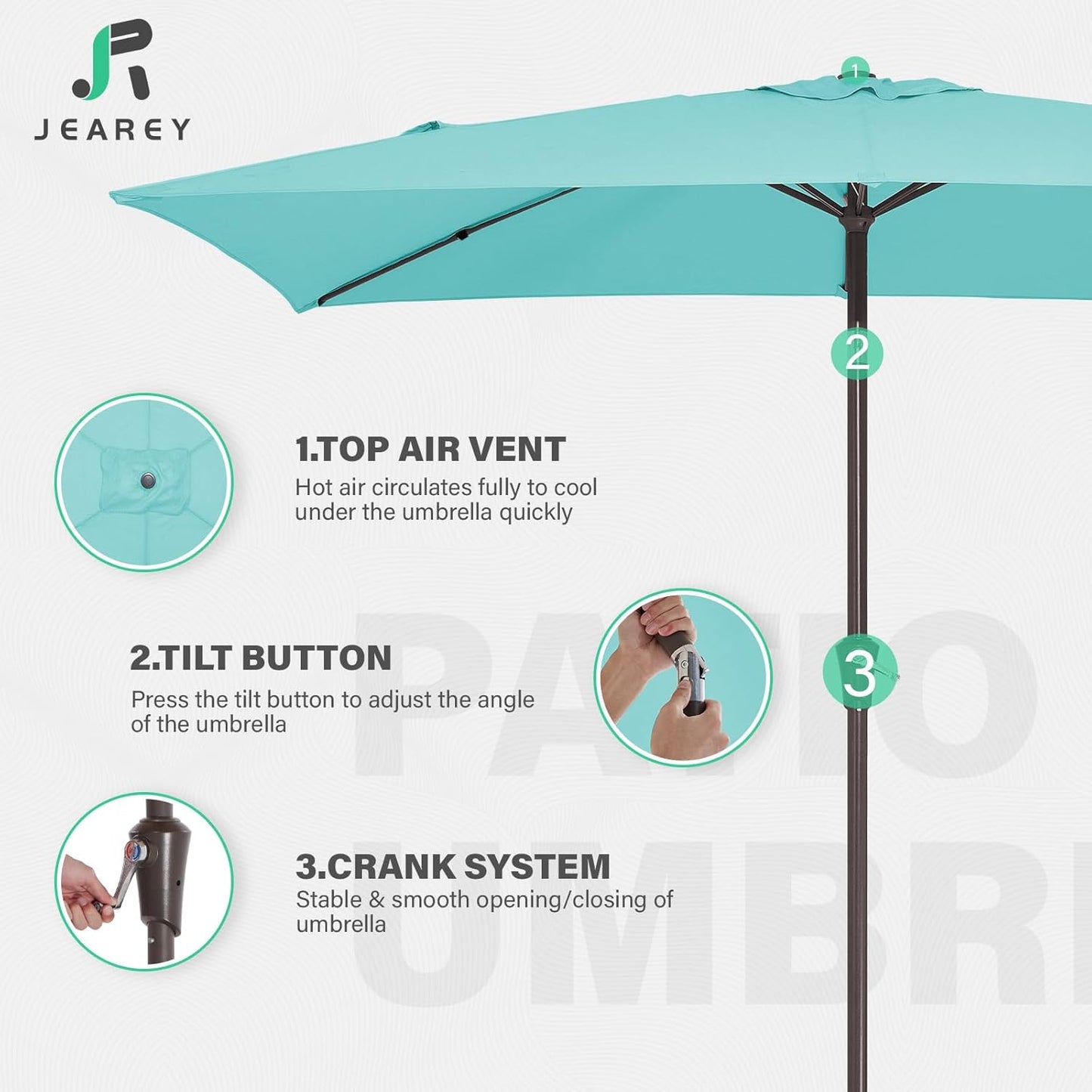JEAREY 6.5x10 ft Rectangular Patio Umbrellas Outdoor Market Umbrella with Push Button Tilt and Crank, Rectangle Table Umbrella 6 Sturdy Ribs UV Protection for Pool Garden Backyard Deck, Peacock Blue
