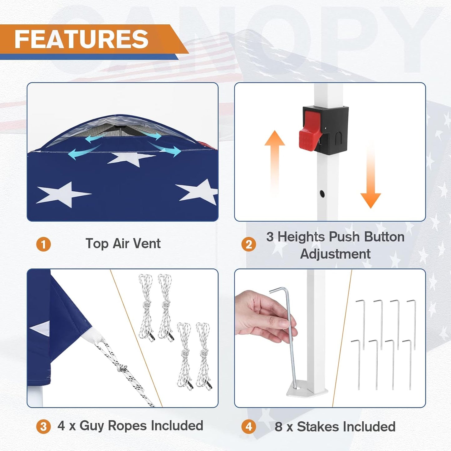 EAGLE PEAK Pop Up Canopy Tent with 1 Sidewall, Easy Setup Event Tent, Outdoor Sun Shade, Wheeled Carry Bag, Stakes and Guy Ropes, Instant Canopy 10x10, American Flag