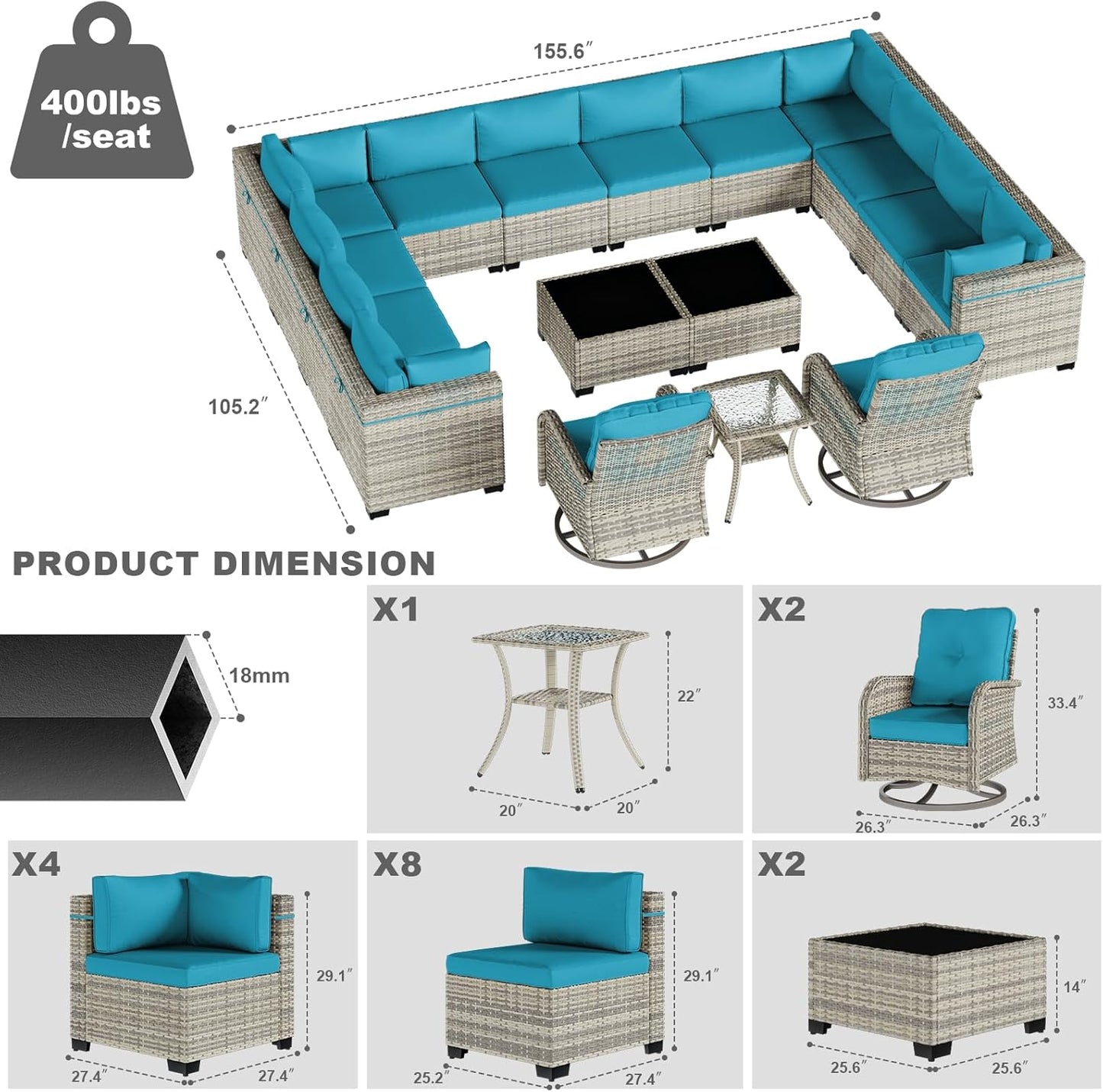 17-Piece Patio Furniture Set, Outdoor Patio Furniture with Swivel Chairs Set, Thick Cushions, Modular Patio Sofa, Dual-Strand Wicker Rattan, Rust-Resistant Frame, Lake Blue
