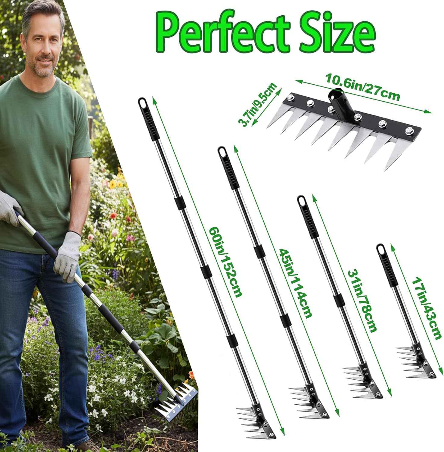 Iron Rake for Weeding, Garden Metal Rake Heavy Duty with 60 Inch Long Handle, Garden Weeding Rake Tools, 8 Tines Gardening Weed Rake Tool, Weeder Tool Weed Puller for Backyard Farm Planting Weeding
