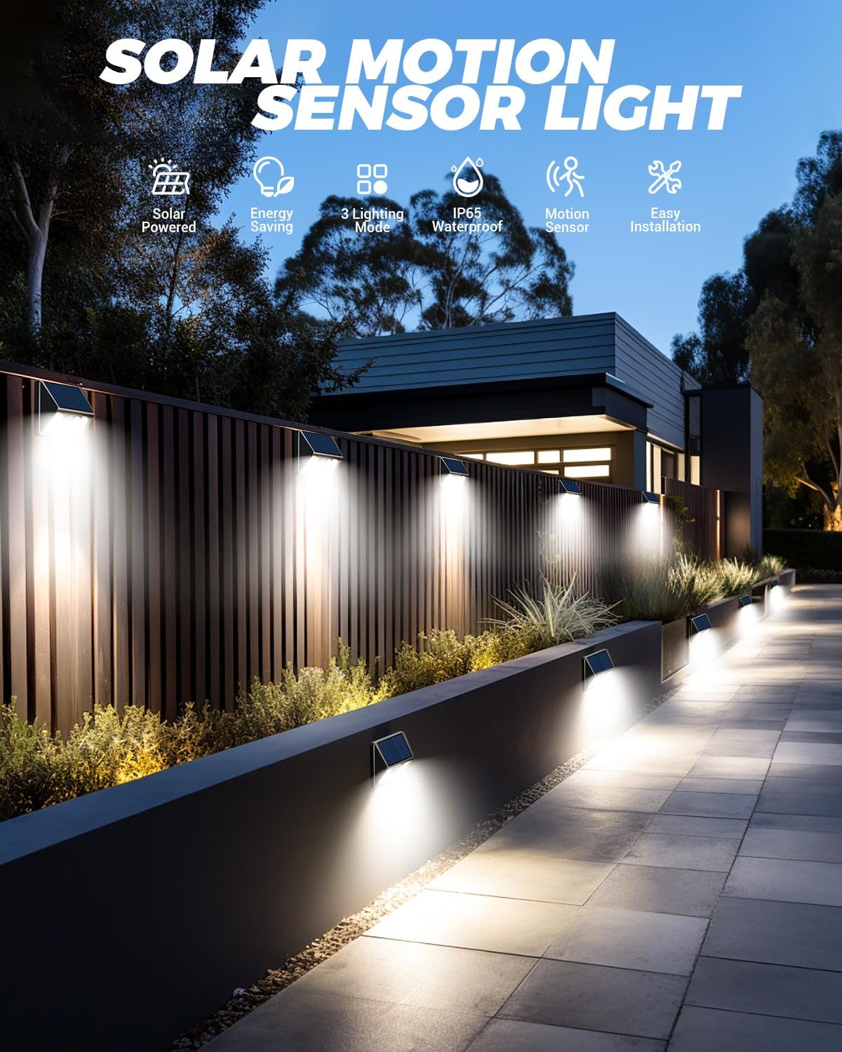 12 Pack Solar Fence Lights Waterproof, Motion Sensor Deck Lights Outdoor, Cold White LED Outside Lights Wireless for Wall Yard Steps Stairs Garden - Black