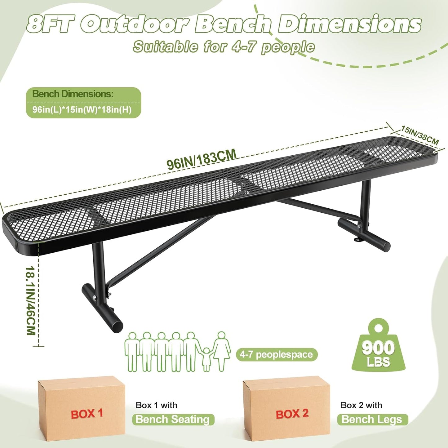 Heavy-Duty Park Bench or Table for Outside - Black Coated Outdoor Furniture Steel Bench, Commercial-Grade Outdoor Benches Weatherproof for Park, Patio, Porch (Black, 8FT (Without Backrest))