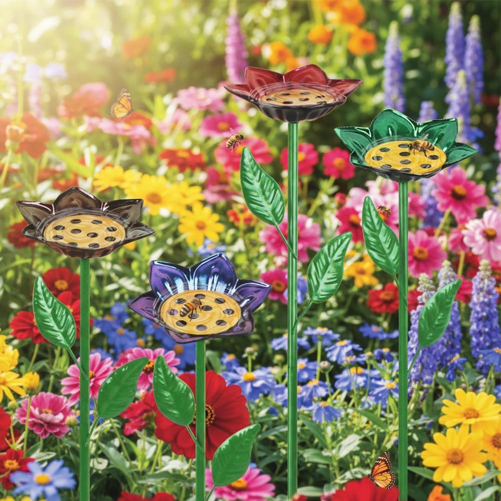 dreamysoul 4 Pack Bee Watering Station, Decorative Metal Bee Bath with Colorful Flower Design for Garden Yard Decor