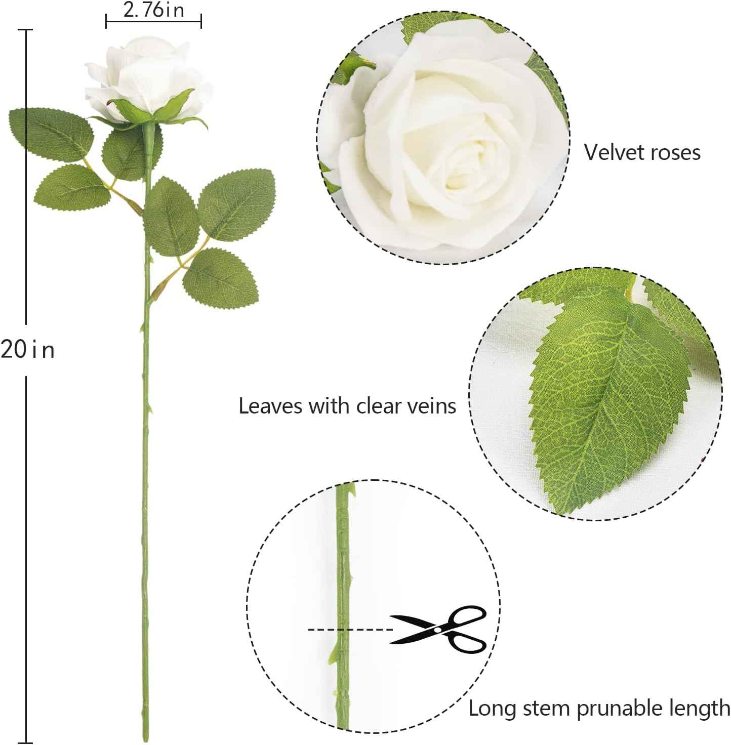 12 Pcs White Roses Artificial Flowers, Real Touch Fake Velvet Flowers with Stems in Bulk for DIY Home Decor, Wedding, Party, Mother's/Valentine's Day Gifts