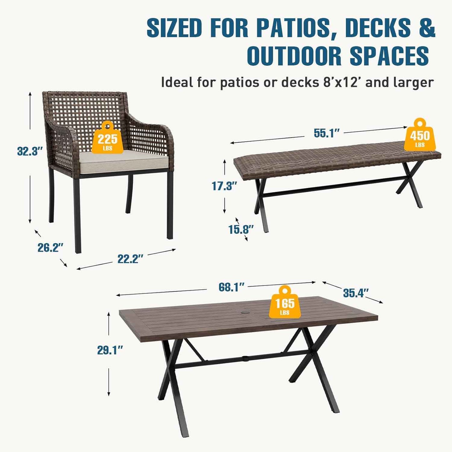 EAGLE PEAK Sienna Bay Outdoor Dining Set for 6, Patio Table Set with Umbrella Hole, All Weather Backyard Table, Chairs and Bench for Lawn, Garden, Deck, 6 Pieces, Brown
