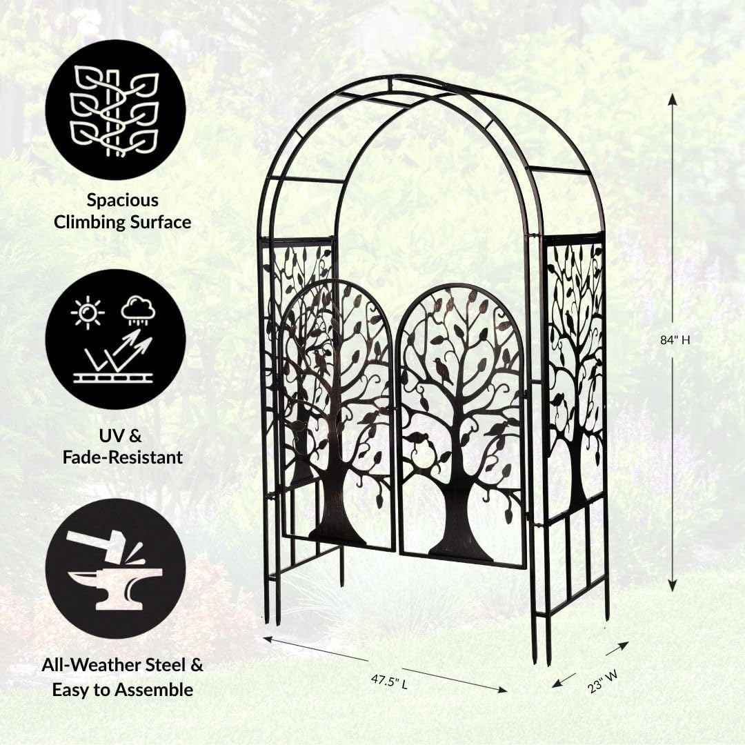 Plow & Hearth Arch Metal Outdoor Garden Arbor, 84 inches Tall, Iron Trellis Lattice for Climbing Plants, Wedding Arch, Outdoor Patio Décor (Tree of Life with Gate)