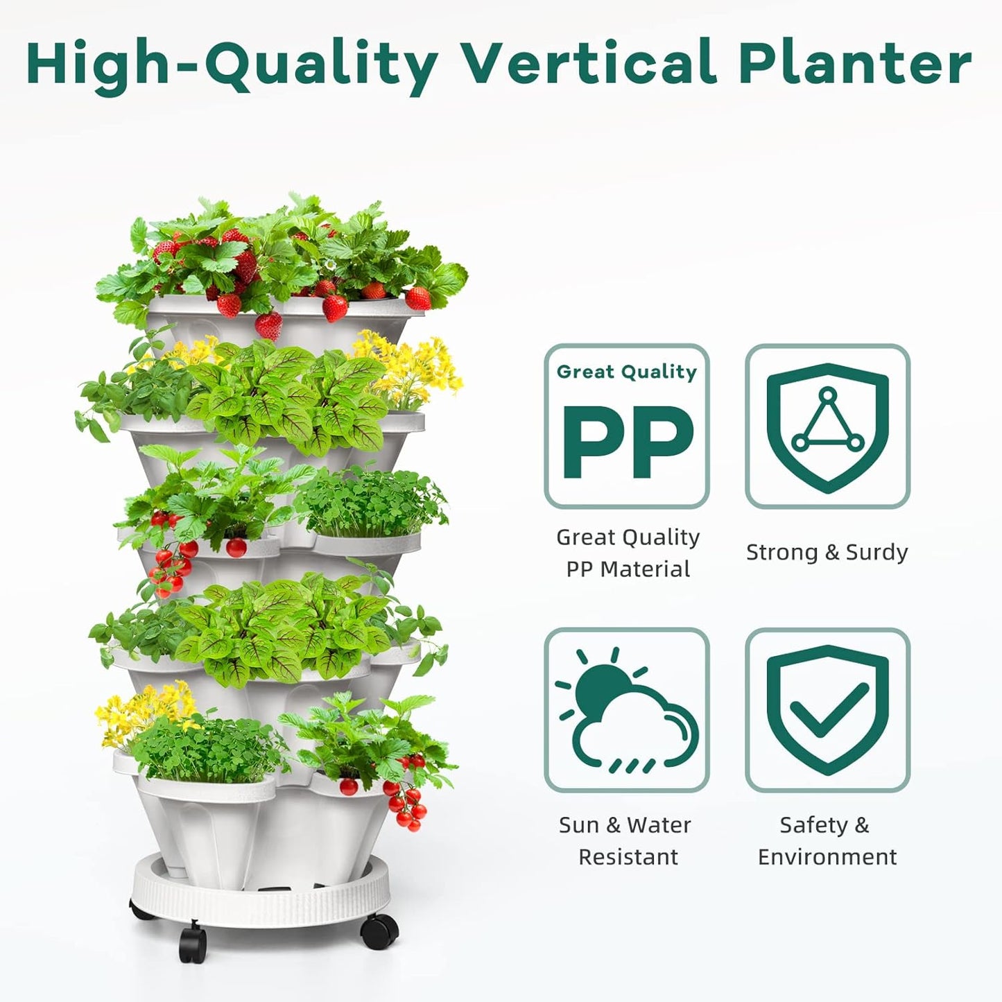 2 Pack 6 & 3 Tiered Strawberry Vertical Planter Tower Garden, Stackable Herb Garden Planter with Movable Casters and Bottom Saucer Indoor and Outdoor