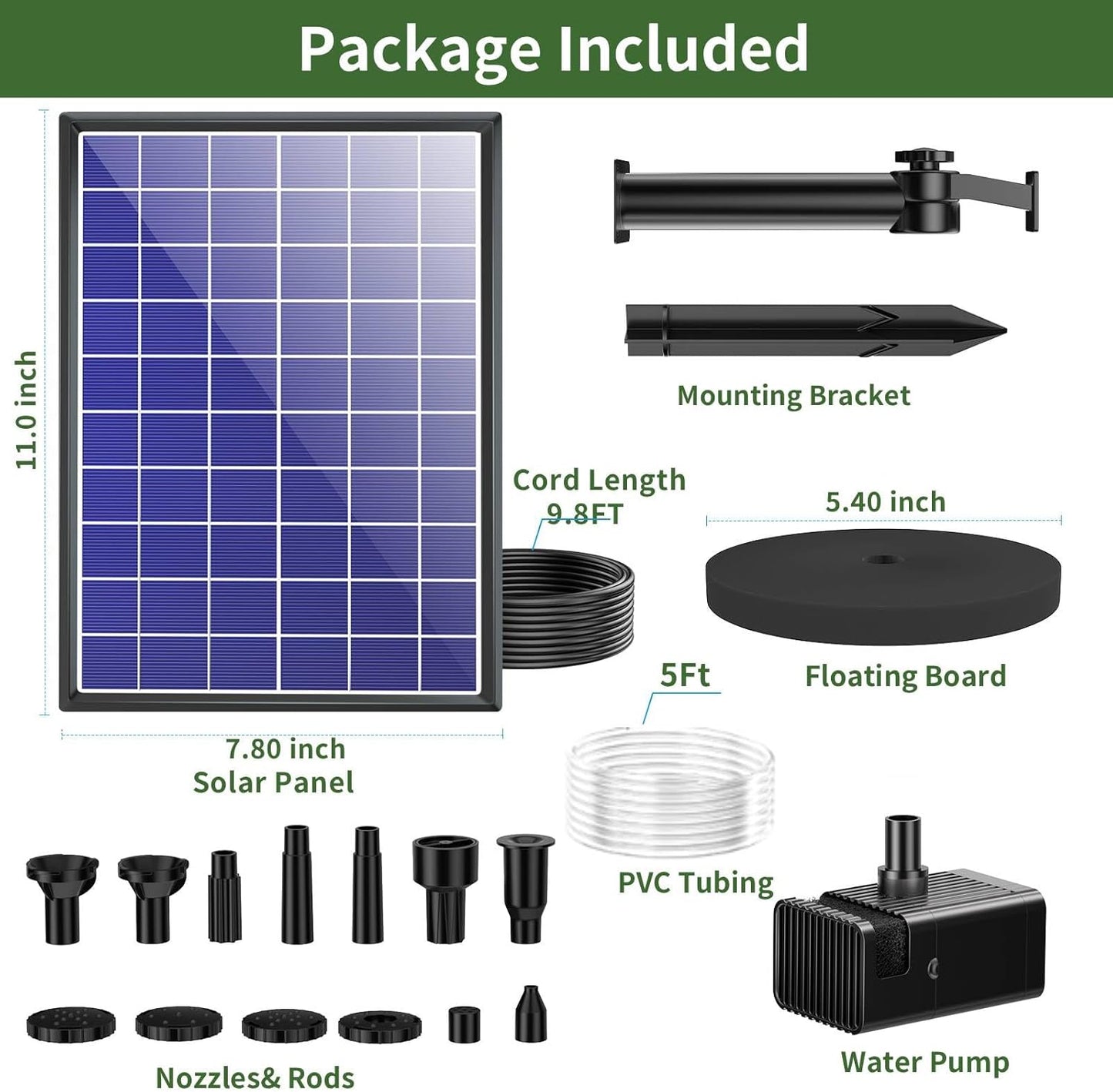Antfraer 8W Solar Fountain Pump With 3600mAh Battery Backup, Solar Water fountain for Bird Bath with Double-Layer Nozzles & 5Ft PVC Tubing for Bird Bath Small Pond Waterfall DIY Features