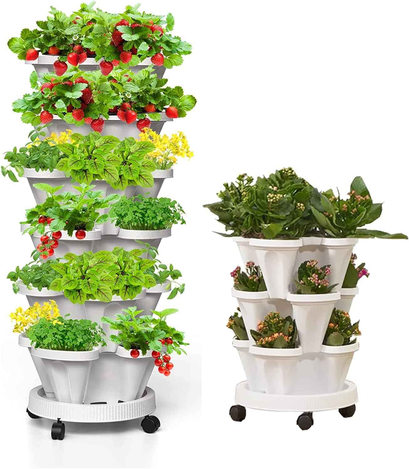 2 Pack 6 & 3 Tiered Strawberry Vertical Planter Tower Garden, Stackable Herb Garden Planter with Movable Casters and Bottom Saucer Indoor and Outdoor