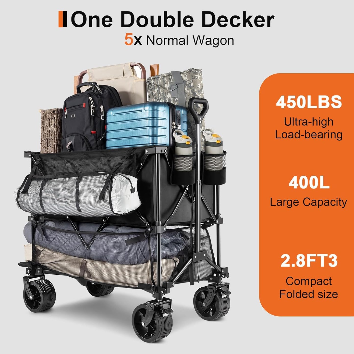 Fenbeli Double Decker Folding Wagon Heavy Duty Collapsible Utility Cart with 450LBS Load 400L Capacity All Terrain 7" Wheels Portable Foldable Wagon for Camping Sports Garden Shopping (Black)