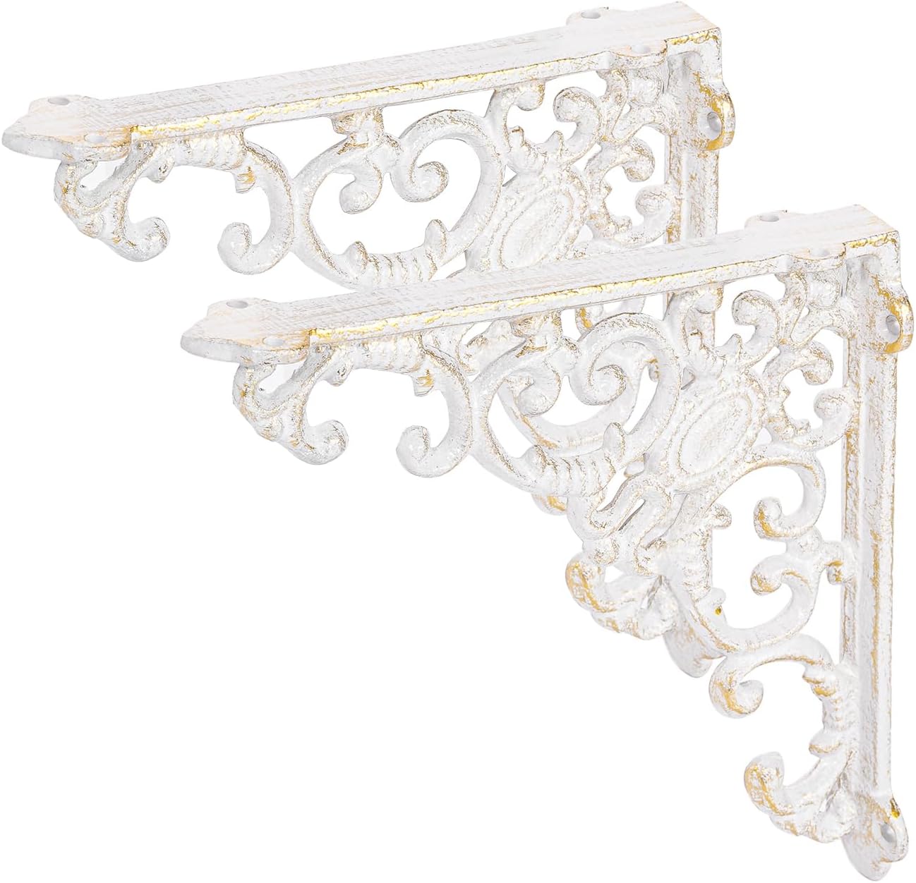 Sungmor Vintage Cast Iron Shelf Brackets - Ornate Decorative Corner Shelf Supports, 2 Pack Garden Wall Hanging Bracket - 7.7 Inch Rustic White Metal Corbels with Scroll Design, Indoor Outdoor Use