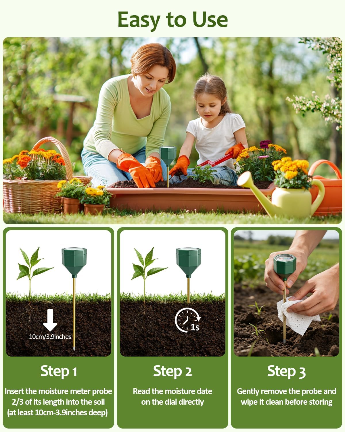 Soil Moisture Meter, Plant Water Monitor Hygrometer Sensor, Accurate Plant Water Meter, Soil Test Kit for Houseplants, Garden, Farm & Lawn, Indoor Outdoor Use, No Battery Required-OliveGreen