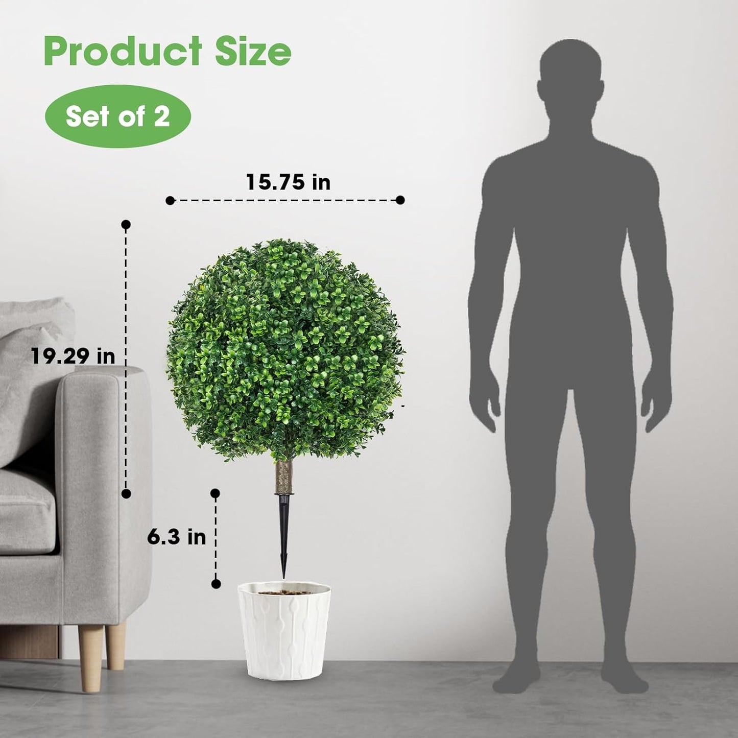 25.6" Artificial Boxwood Topiary Ball Trees: 2 Pack Artificial Shrubs with Spike – UV Resistant Fake Bushes, Evergreen Artificial Plants for Outdoor Indoor Front Porch Garden Yard