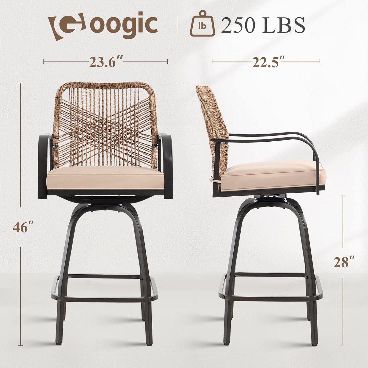 Outdoor Bar Stools Set of 4, Patio Swivel Counter Height Rattan Bar Stools, Patio Wicker Bar Swivel Chairs with Cushion, Outdoor Pool Bar Chairs for Backyard Garden Balcony w /360 Rotation
