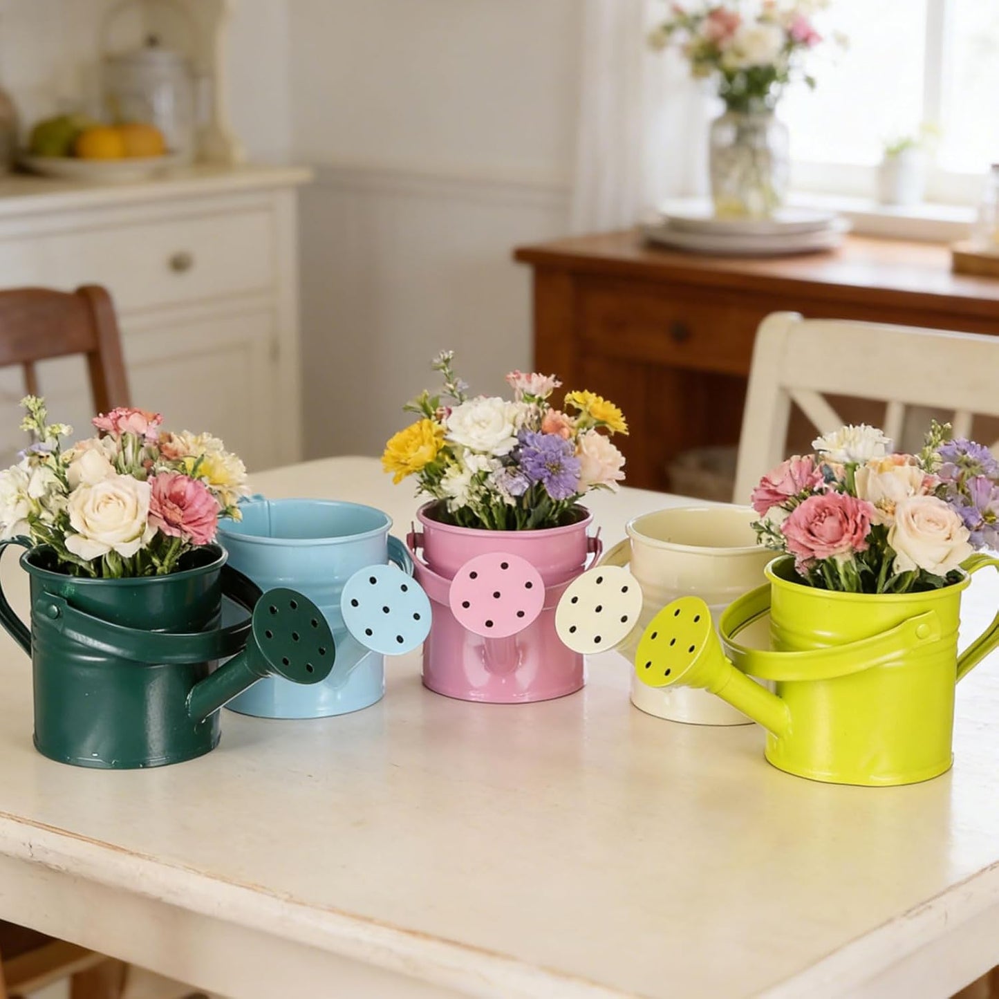 DOITOOL Kids Metal Watering Can for Gardening, 5Pcs Small Iron Watering Can Garden Watering Bucket for Gardening Plants Flowers (Mixed Color)