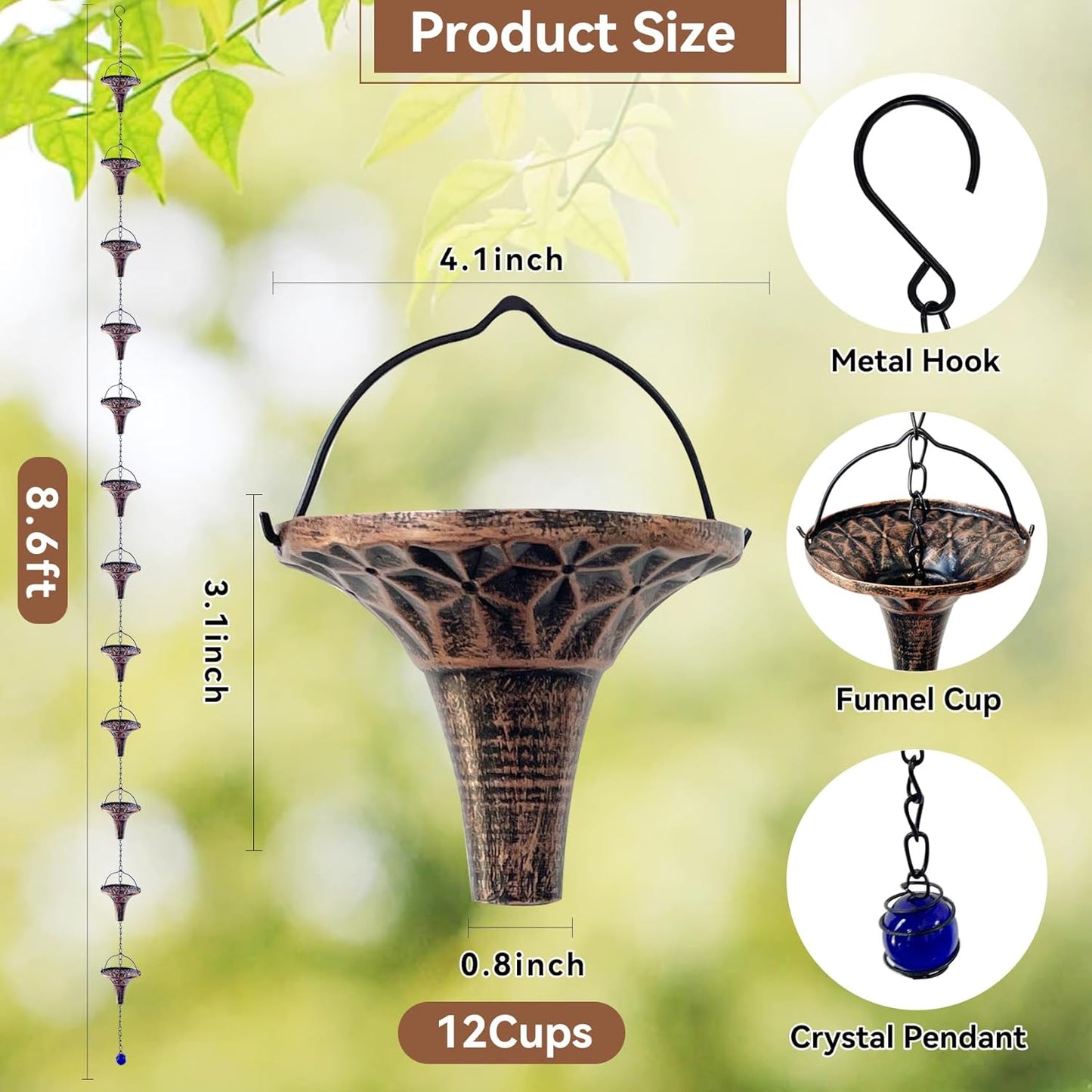 Rain Chains for Outside, 8.6FT Gutter Chain with 12 Funnel Cups Rain Catcher Chain Replacement Downspout for Gutters Eaves Drainage Decor, Copper