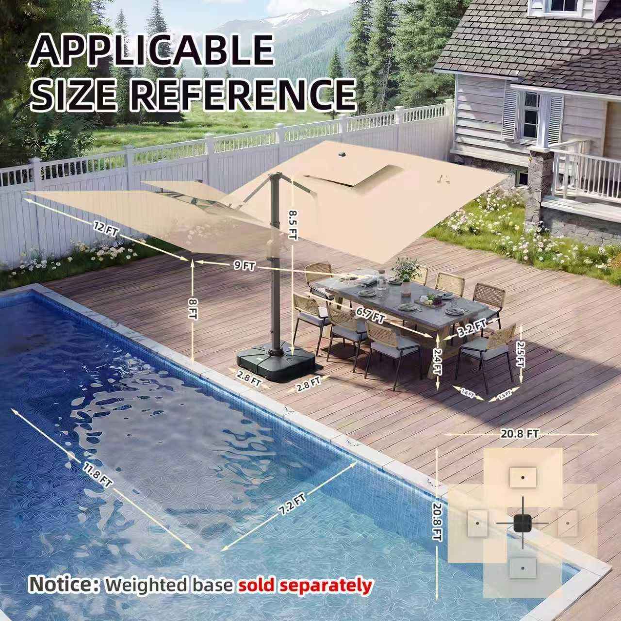 9 X 12 FT Cantilever Outdoor Patio Umbrella with Led Lights Heavy Duty Windproof Double Top Large Rectangle Offset Umbrellas with 360-degree Rotation for Garden Pool Deck Backyard, Beige