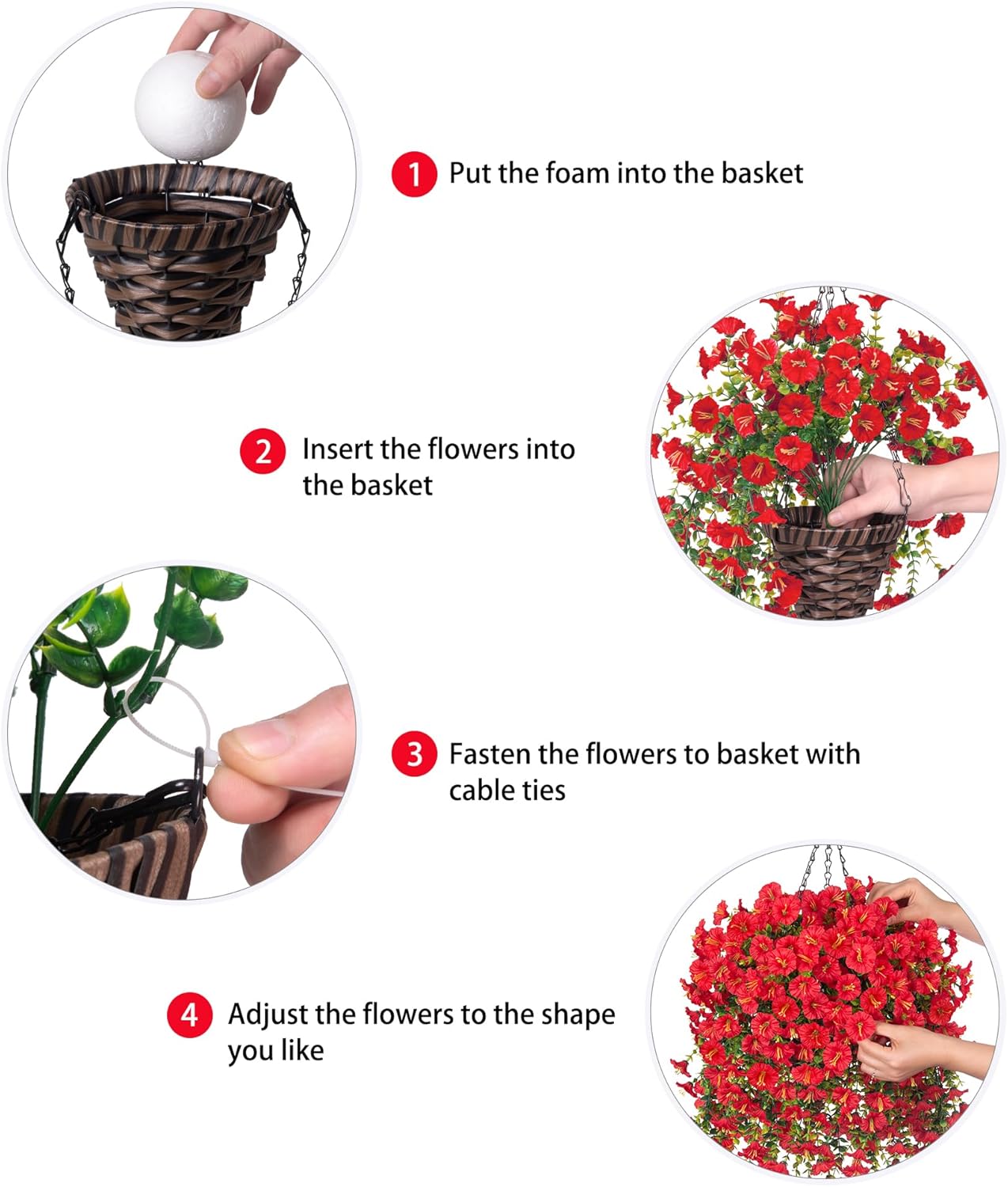 Artificial Hanging Flowers with Basket Outdoors Fake Flowers Plants for Winter Christmas Decor,3PCS Faux Red Silk Morning Glory Flower with Eucalyptus Realistic Vines for Home Porch Patio Balcony Yard