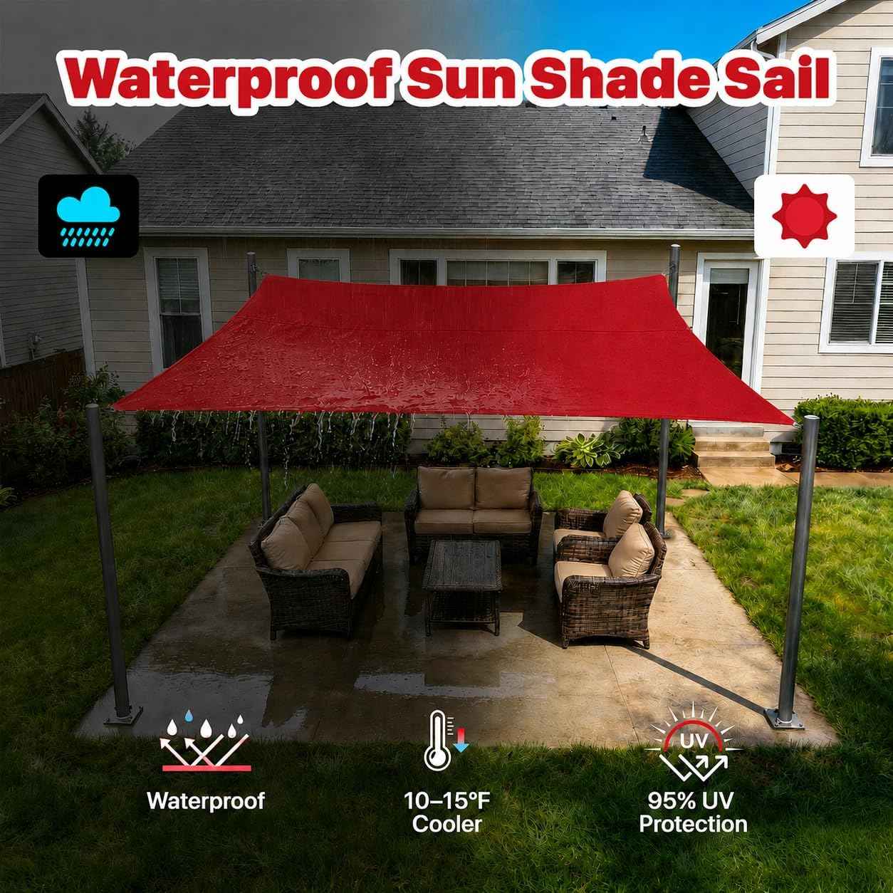 ColourTree 4' x 12' Custom Size Red Square Waterproof Sun Shade Sail UPF50 Canopy Awning Shelter, 95% UV Blockage & Water Resistant, Outdoor Patio Garden Carport (We Make Custom Size)