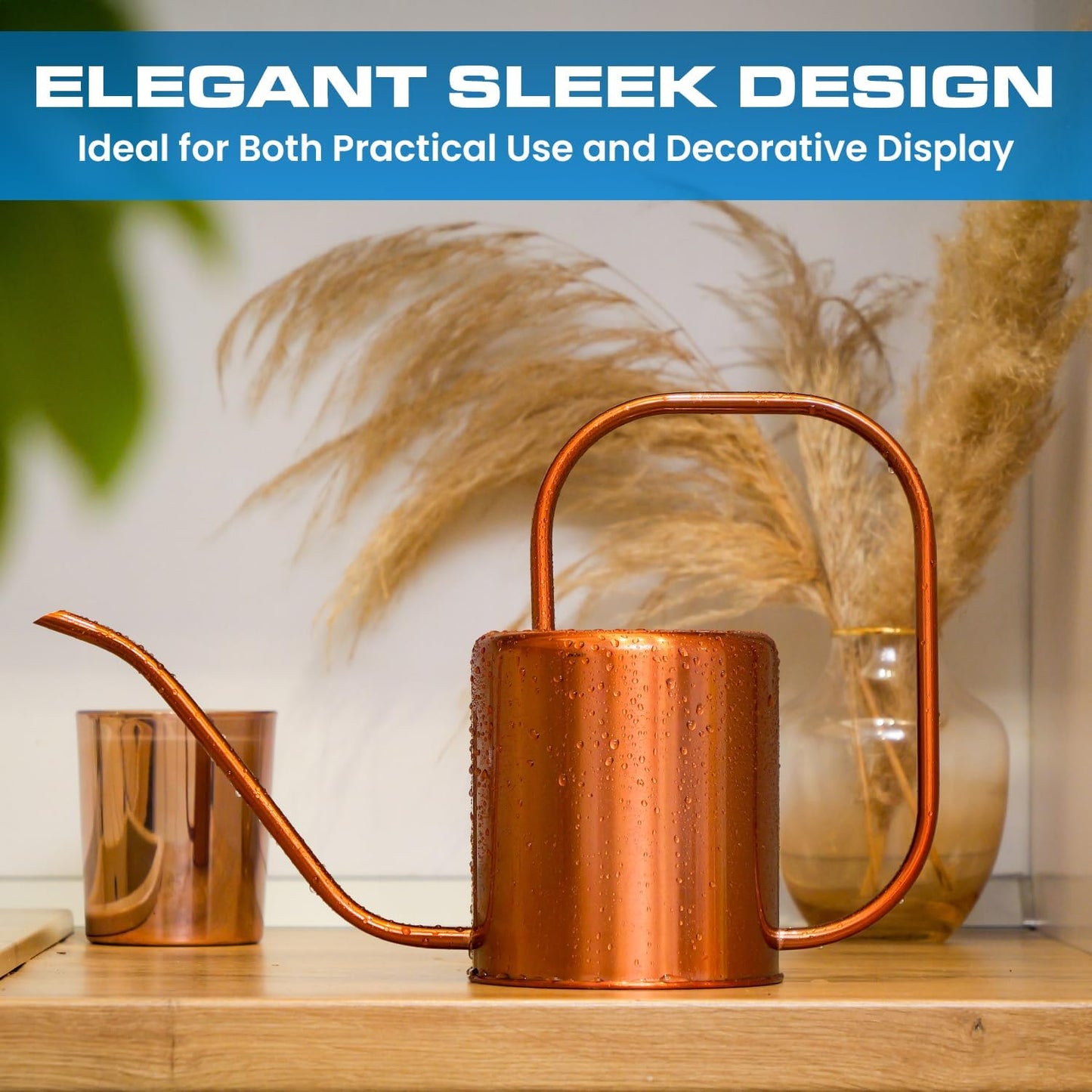 Plexon Rose Gold Metal Watering Can Indoor Plants, 54 oz Stainless Steel Long Spout Watering Can Outdoor House Plant Flower, Garden