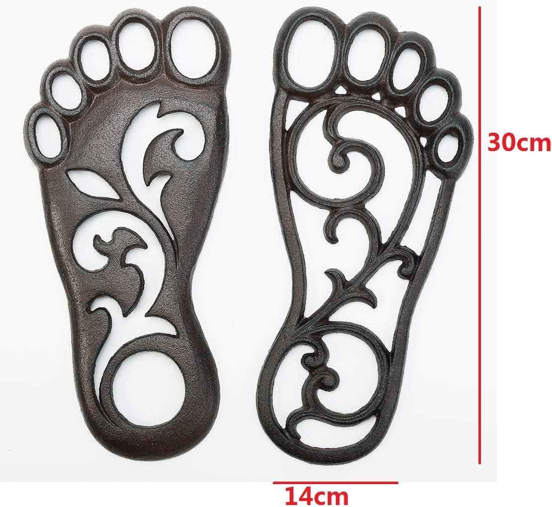 EatingBiting 2PCs Heavy Duty Cast Iron Footprint Stepping Mats Garden Lawn Panel Landscaping Long Sturdy Metal Left & Right, Retro Elegant Decorative Mat for Garden Lawn Panel Walkway